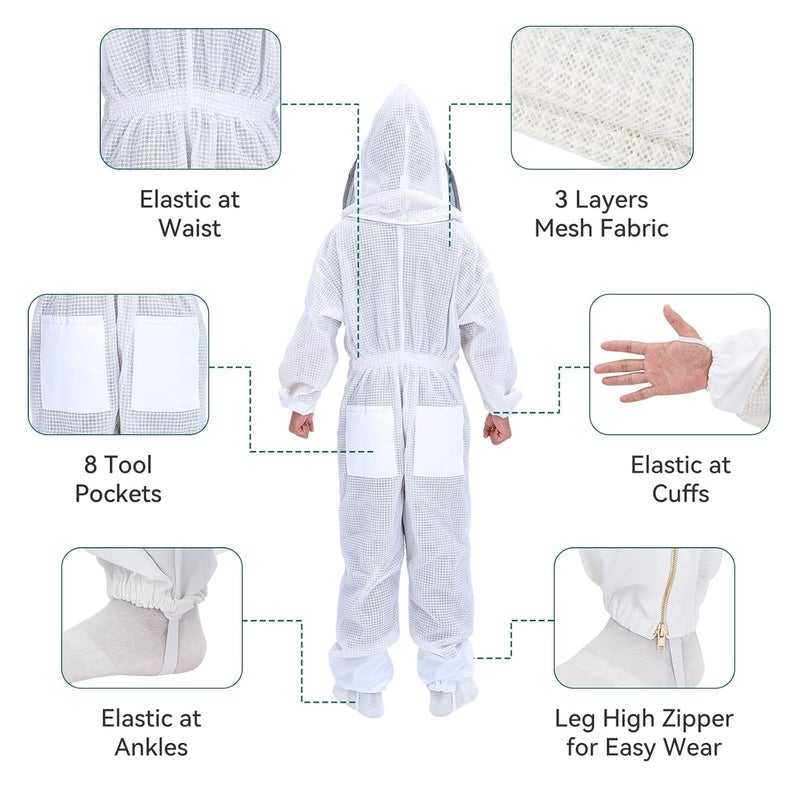 YORKING Ventilated Bee Suit, 3 Layer Bee Suit for Men Women, Sting Proof Protective Beekeeping Kit with Gloves, 2 Beekeeping Veils for Beekeepers - M - Image 3